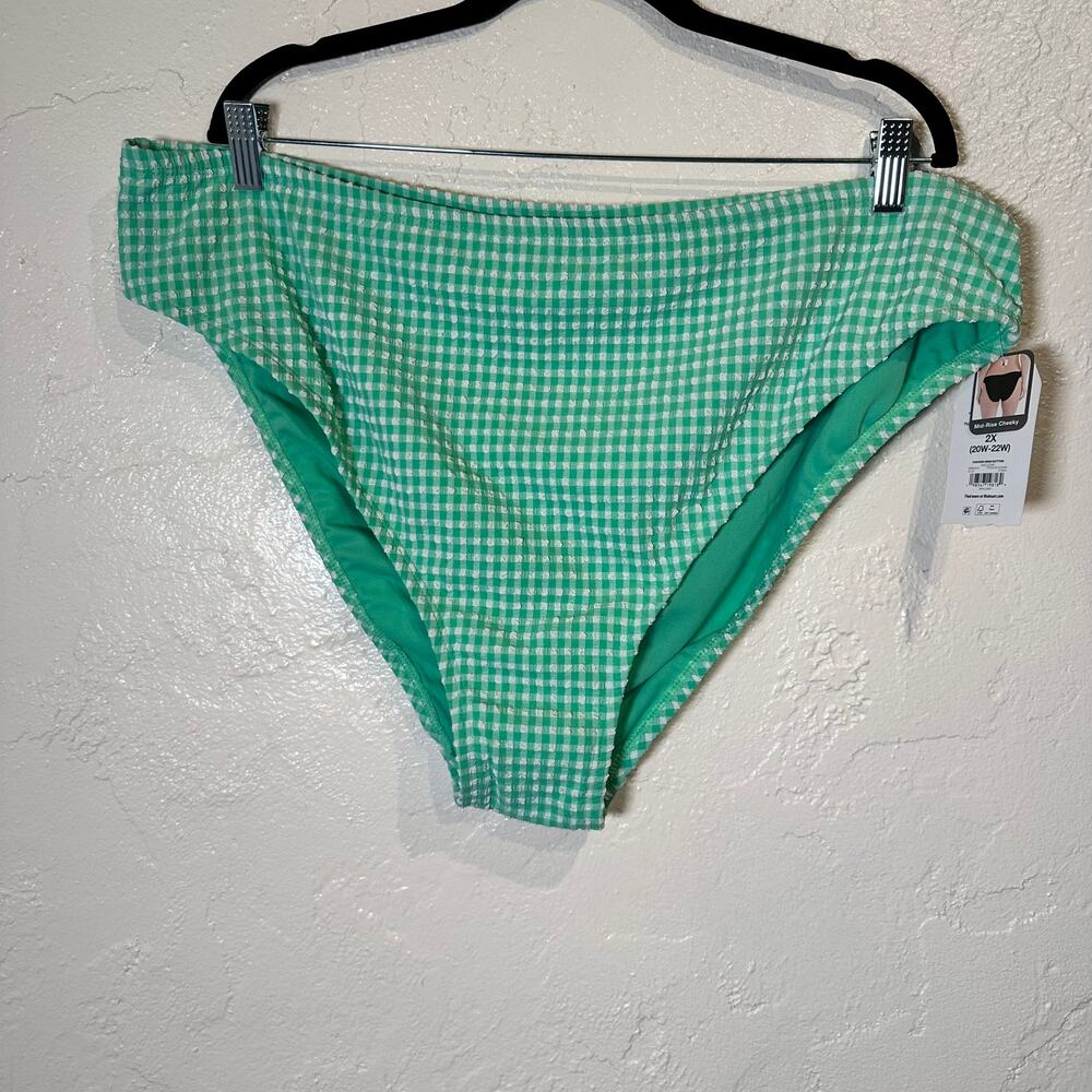 NWT Time and Tru Size 2X Bikini Bottoms Gingham Green White Mid Rise Cheeky